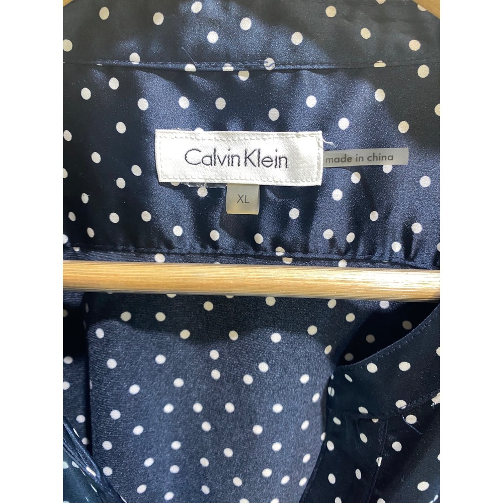 Calvin Klein Blouse XL Navy Polka Dot  Women's Classic Silky Stretch Top Office‎ - Picture 3 of 13